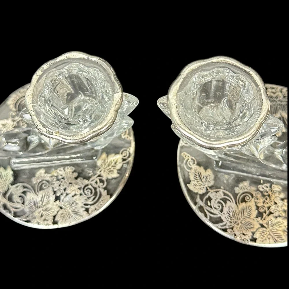 Fostoria Clear Glass Candlestick Set Sterling Silver Overlay Baroque Grapes Ivy
